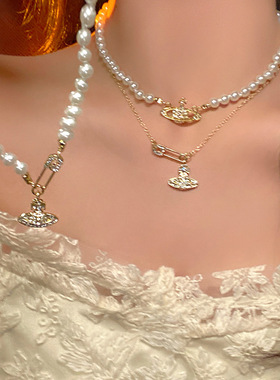 土星项链女星球珍珠别针简约小众颈链配饰轻奢高级感锁骨链ins风