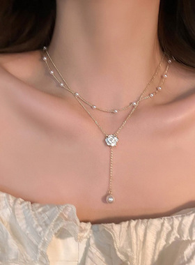 新款双层珍珠山茶花项链女夏轻奢小众设计高级感脖颈链流苏锁骨链