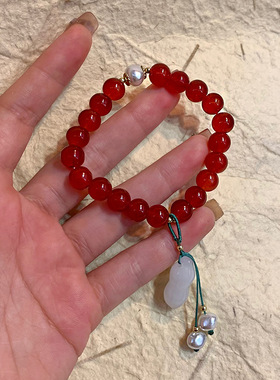 仿天然石手链仿珍珠手饰本命年红色国潮新年手串新款2025气质女友