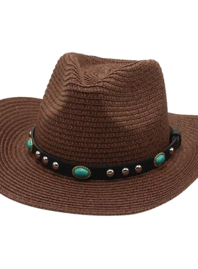 春夏草帽仿绿松石铆钉西部牛仔帽子藏族藏式少数民族舞蹈舞团帽子