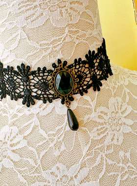 黑色蕾丝水滴哥特风吊坠项链女