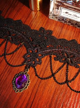 复古哥特黑蕾丝珍珠吊坠锁骨链