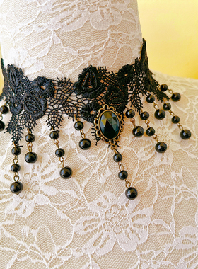 复古哥特黑蕾丝珍珠吊坠锁骨链