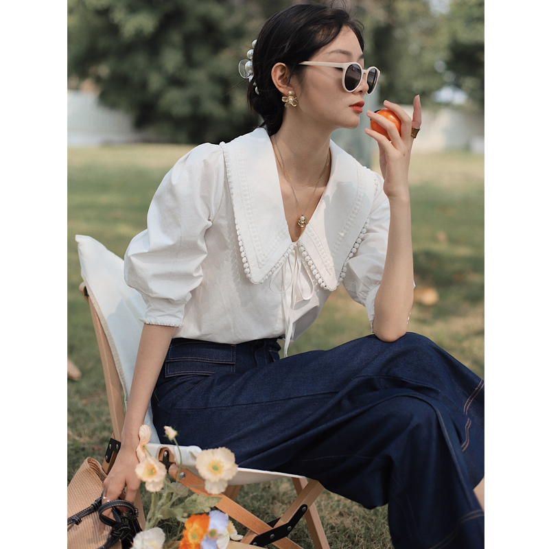 Bela studio法式复古娃娃领系带泡泡袖纯棉显瘦衬衣女博主同款 - 图0