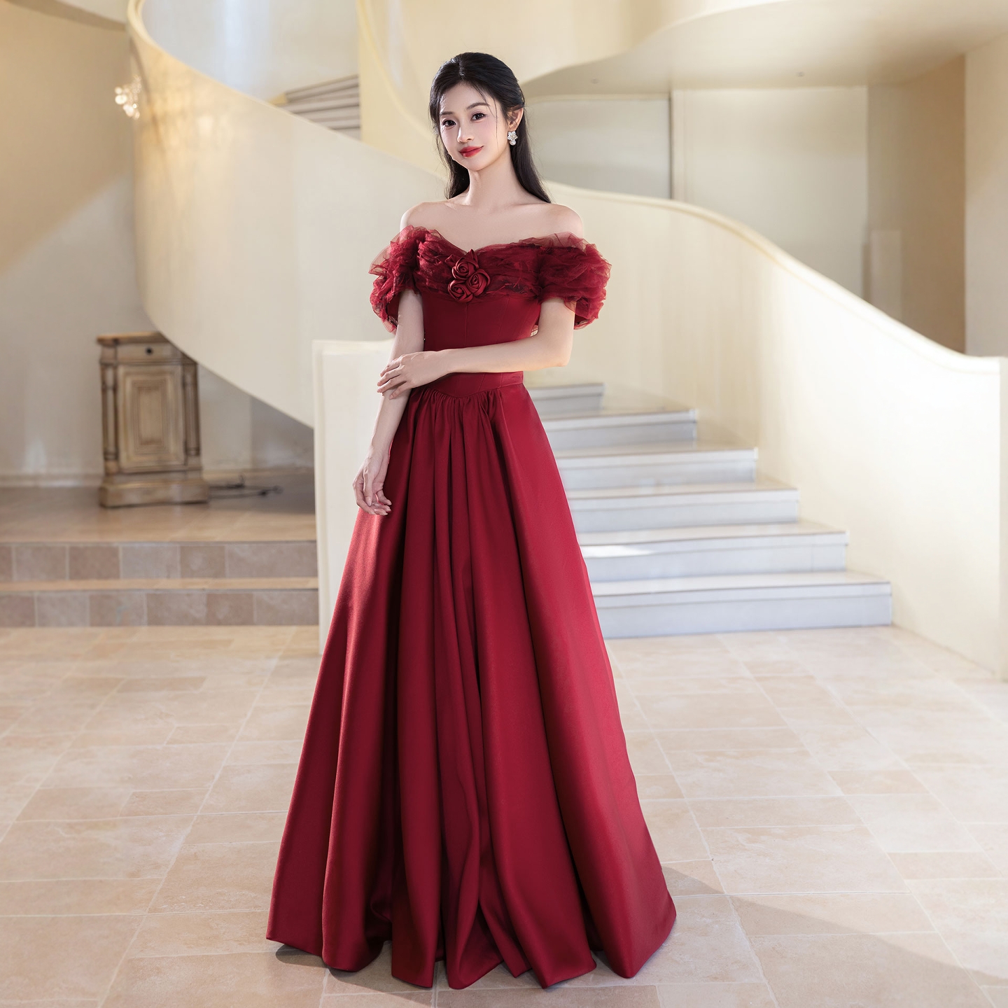 敬酒服2025新款新娘一字肩酒红色结婚订婚高档晚礼服气质显瘦缎面 - 图0