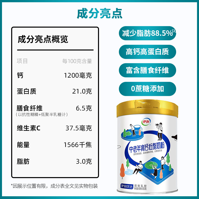 伊利中老年高钙低脂奶粉850g罐装高蛋白成人老人营养牛奶官方正品 - 图3