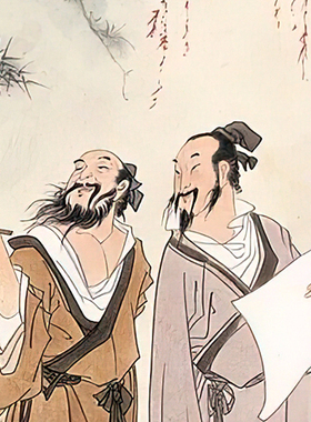 听琴图国画人物松柏绢布古画打印
