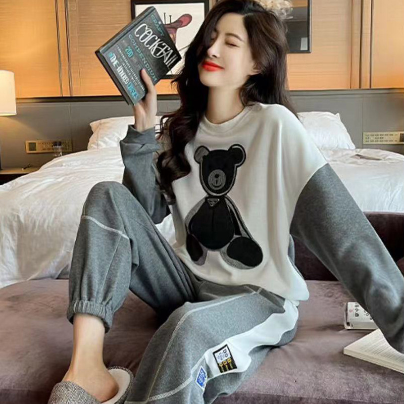 带胸垫纯棉睡衣女春秋季韩版卡通长袖长裤全棉可外穿家居服两件套,淘宝优惠券,粉丝福利购,淘宝优惠卷