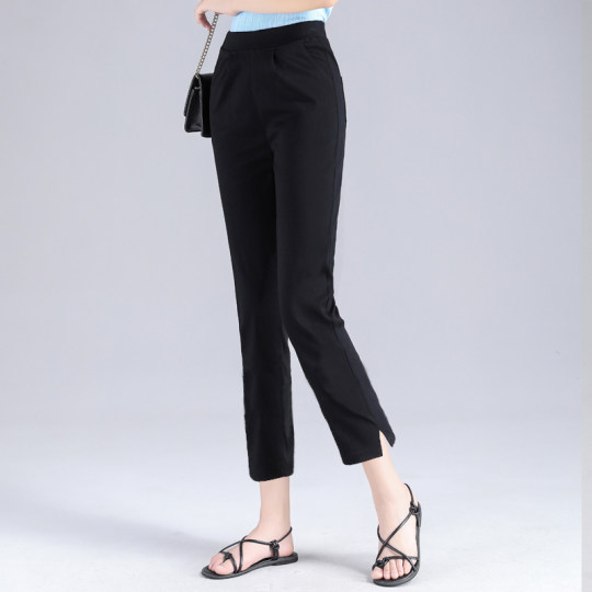 松紧腰弹力七分八分九分裤女夏季薄款白色宽松直筒大码休闲裤子女