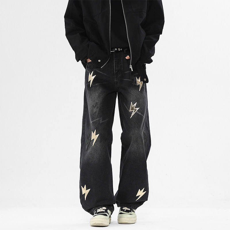 WASSUP潮牌美式闪电复古牛仔裤男宽松休闲直筒高街潮流百搭阔腿裤,淘宝优惠券,粉丝福利购,淘宝优惠卷