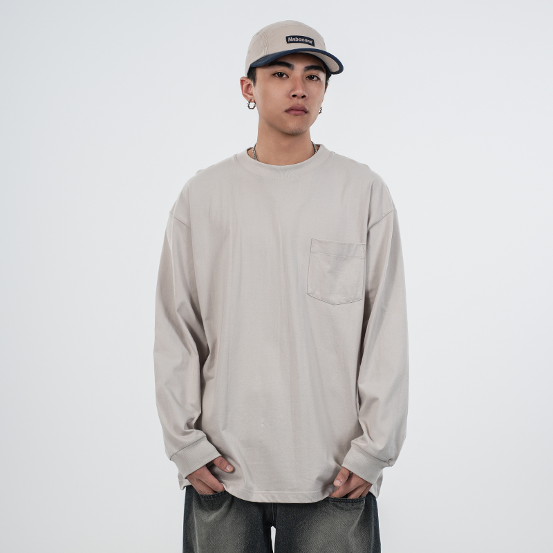 WASSUP潮牌纯色基础口袋圆领长袖T恤男女装春秋季打底衫重磅纯棉 - 图1