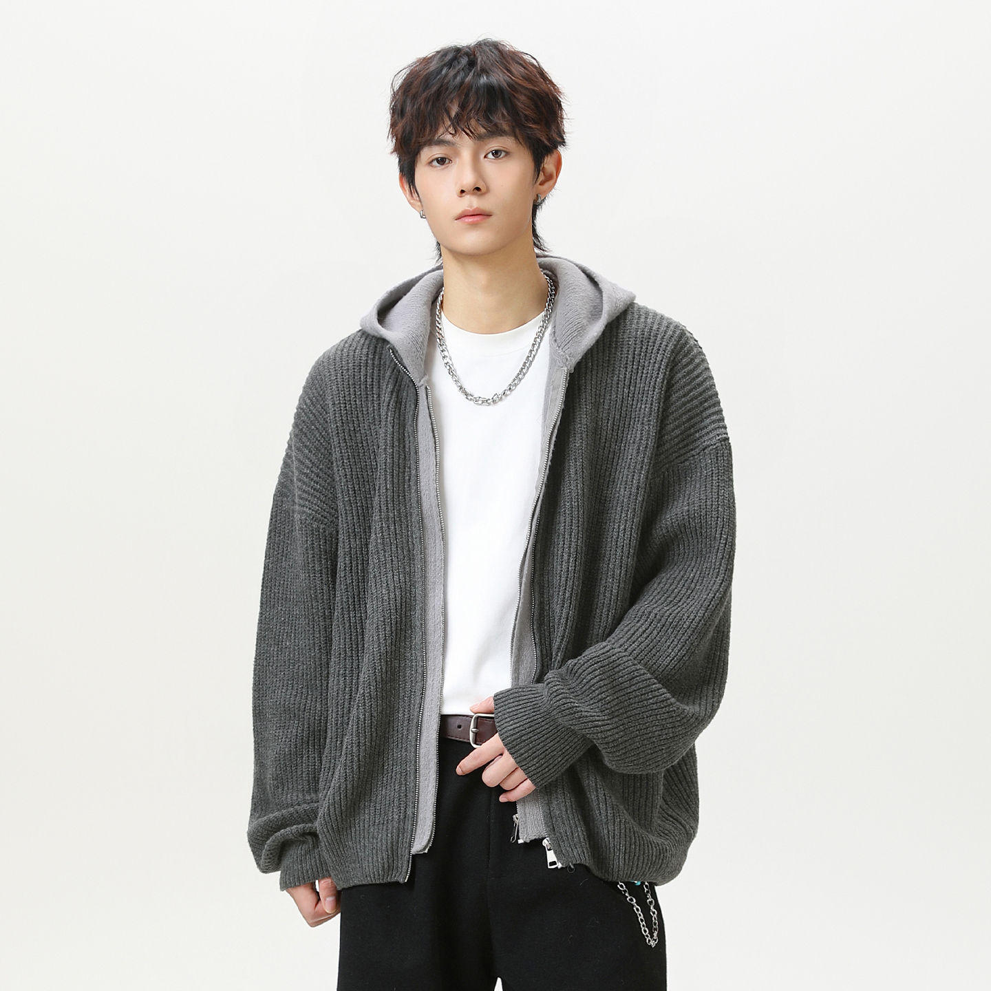 WASSUP假两件开衫连帽毛衣国潮牌秋冬季宽松复古针织衫拉链外套男 - 图1