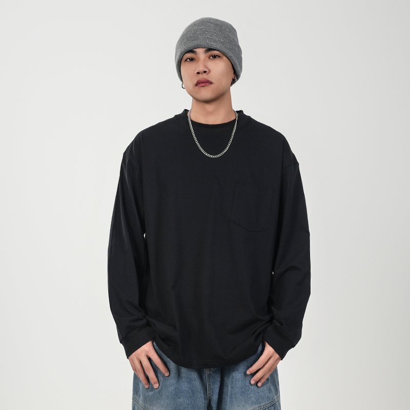 WASSUP潮牌纯色基础口袋圆领长袖T恤男女装春秋季打底衫重磅纯棉 - 图0