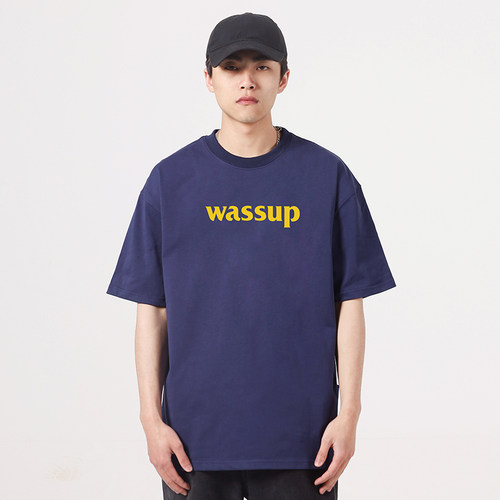 WASSUP HEODS简约t恤体内搭国潮流蓝色字母纯棉休闲上衣男女情侣 - 图1