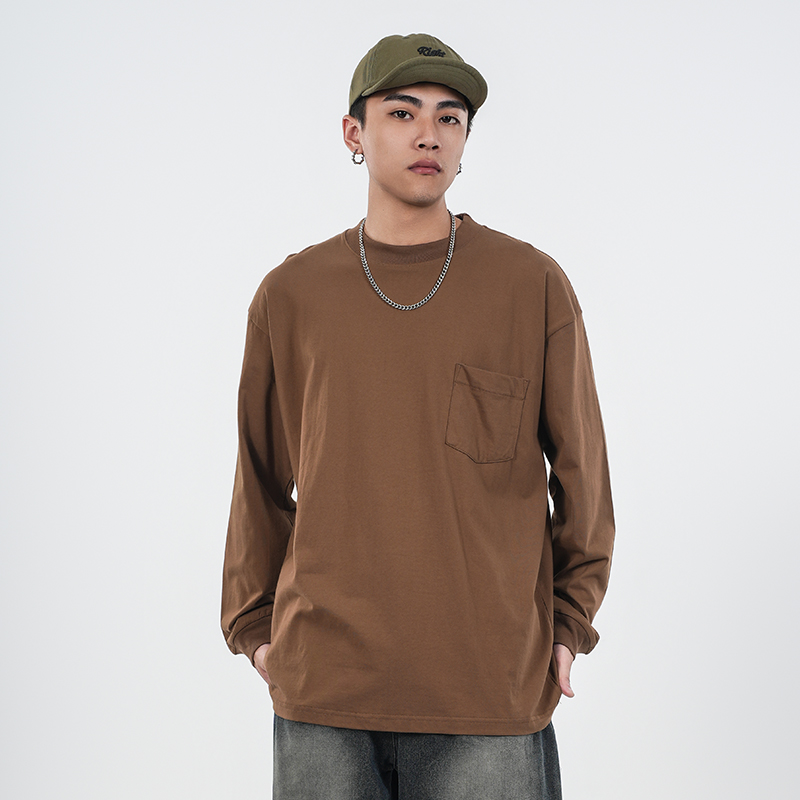 WASSUP潮牌纯色基础口袋圆领长袖T恤男女装春秋季打底衫重磅纯棉 - 图2