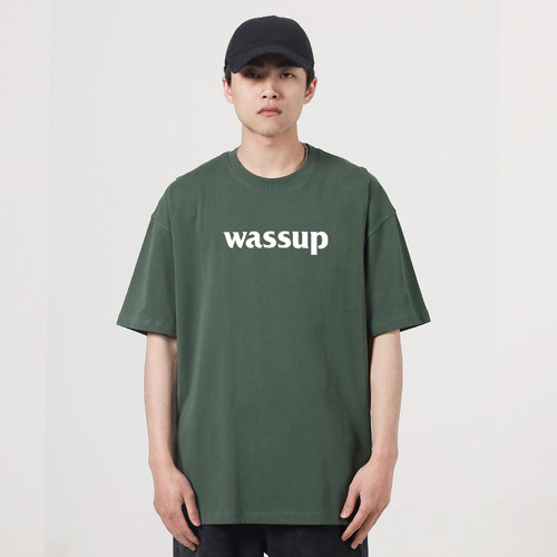 WASSUP HEODS简约t恤体内搭国潮流蓝色字母纯棉休闲上衣男女情侣 - 图2