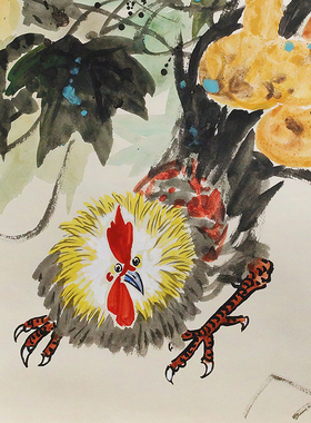 名家手绘雄鸡葫芦国画斗方挂画