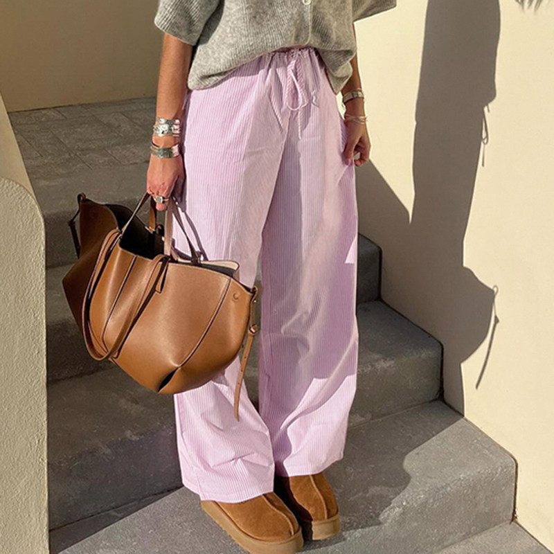 DARLINGAGA欧美简约风绑带低腰条纹休闲裤女甜辣粉色宽松直筒长裤,淘宝优惠券,粉丝福利购,淘宝优惠卷