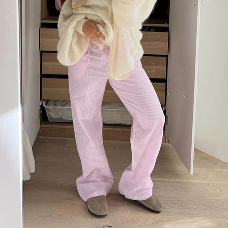 DARLINGAGA欧美简约风绑带低腰条纹休闲裤女甜辣粉色宽松直筒长裤,淘宝优惠券,粉丝福利购,淘宝优惠卷