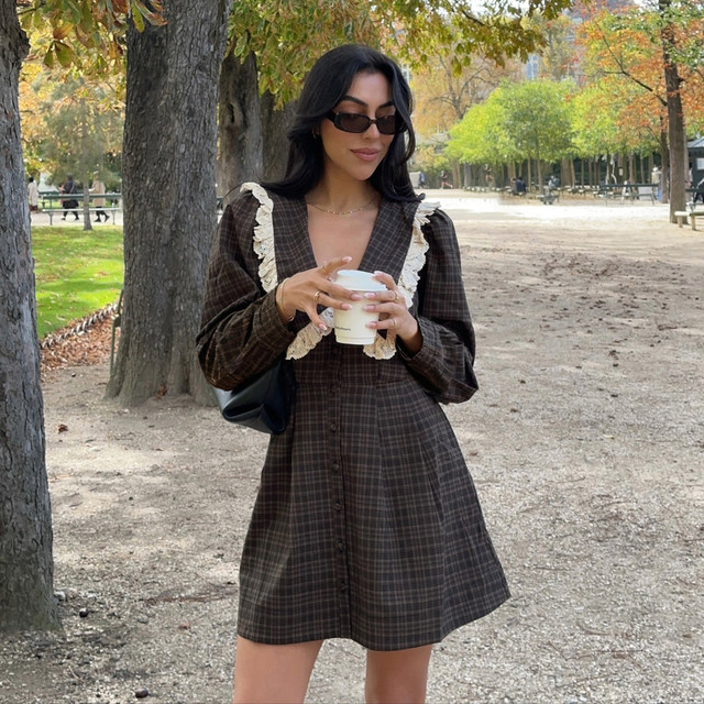 Retro college style contrast lace plaid dress for women