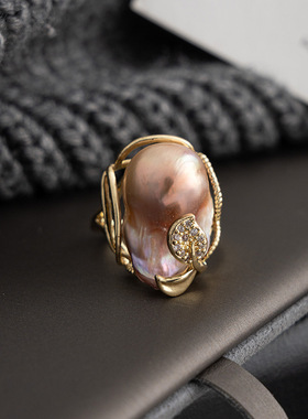 天然巴洛克珍珠戒指女轻奢小众复古指环个性ins时尚高级感手饰潮
