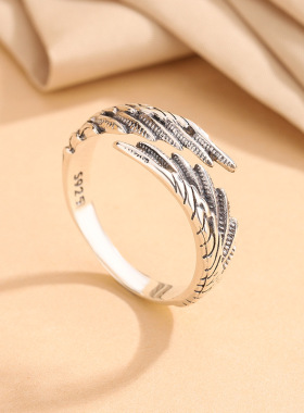 S925银韩版复古天使之翼戒指简约小众设计百搭翅膀羽毛食指指环