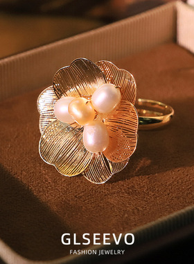 天然珍珠双层三瓣花朵戒指开口可调节指环复古高级感食指戒手饰品