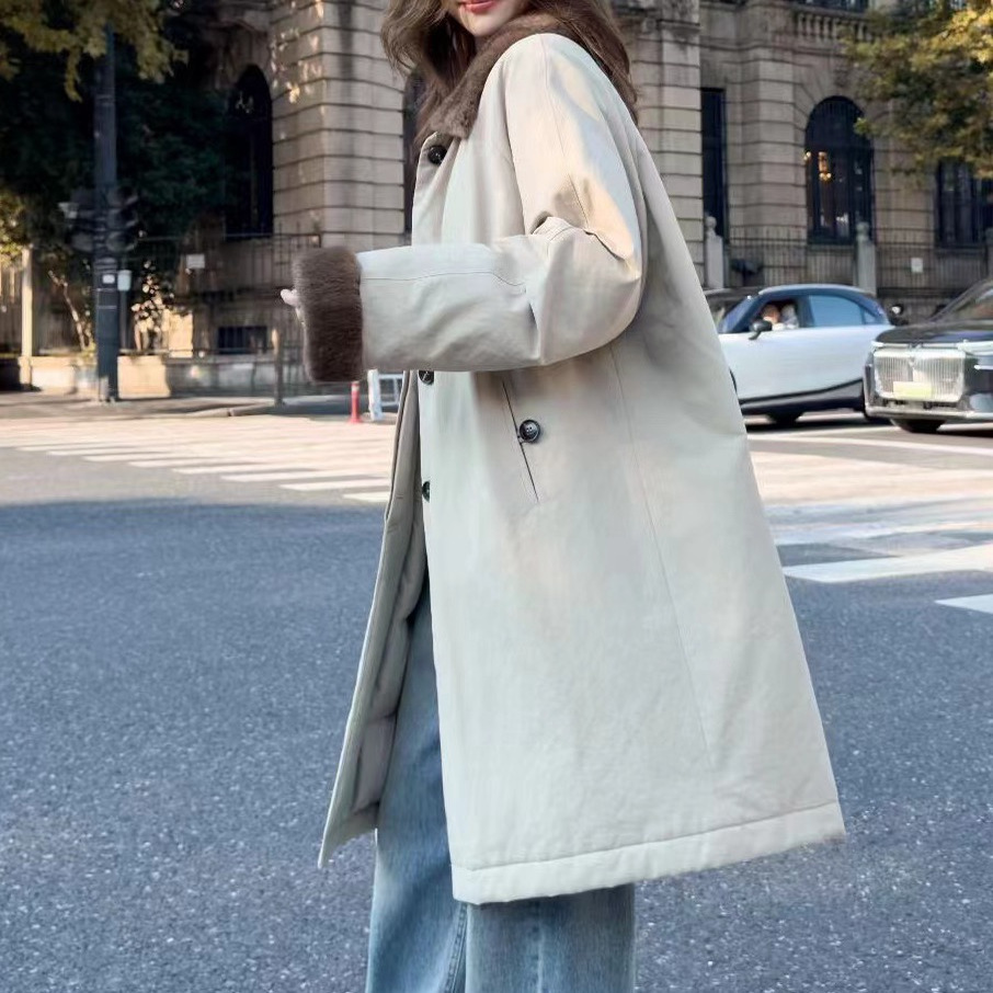 韩女穿搭 100棉90白鹅绒羽绒服中长款外套女青根貂毛领QY263长95 - 图1