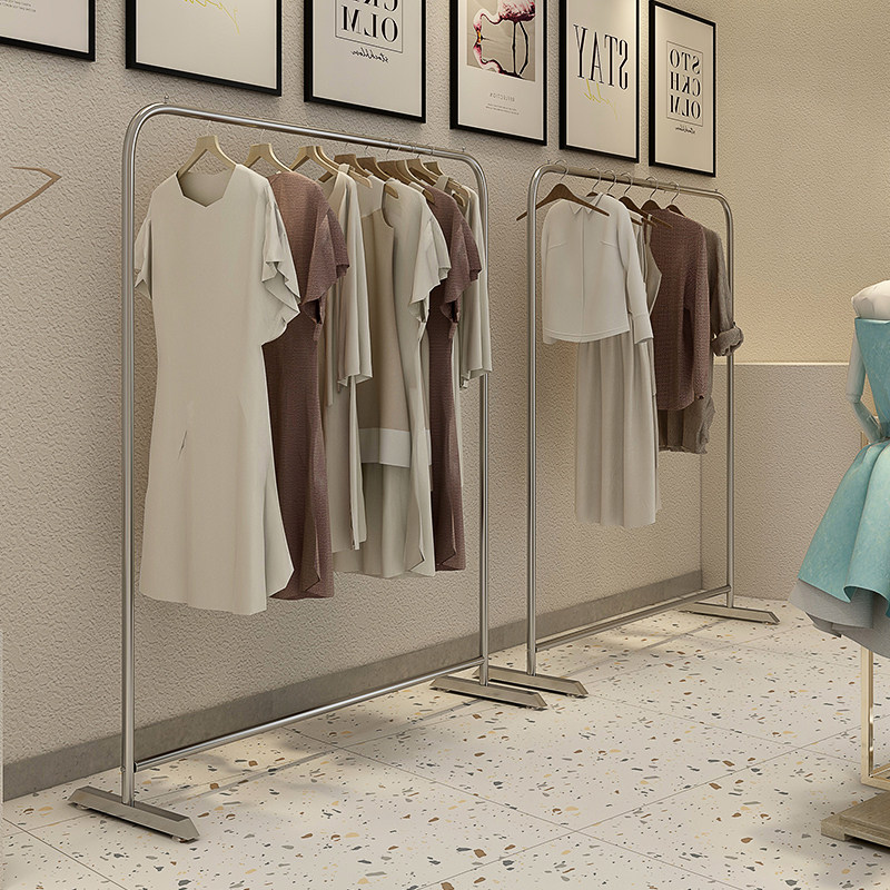 服装店展示架不锈钢挂衣杆带轮子女装衣架童装挂衣架银色陈列货架_虎窝淘