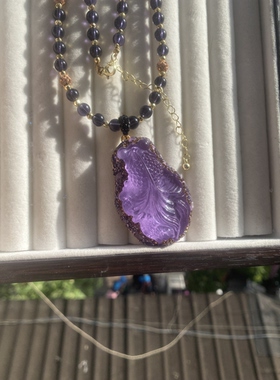 新中式锦鲤吊坠鲤鱼鲤鱼跃龙门上岸项链紫色琉璃压电水晶毛衣链