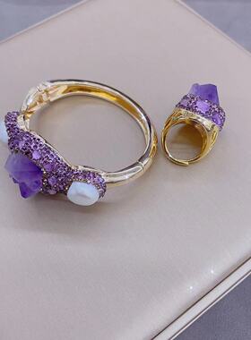 新中式紫水晶珍珠手镯工镶钻手环镯子女生小众高级感生日礼物