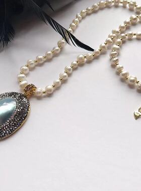 巴洛克珍珠长链手工镶嵌蓝色淡水马贝珍珠项链毛衣链