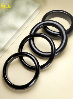 天然和田玉墨玉手镯圆条玉石玉器黑色羊脂玉镯子女款货源