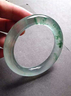 天然翡翠手镯冰种圆条七彩飘花玻璃种玉手镯缅甸贵妃玉镯子少女款