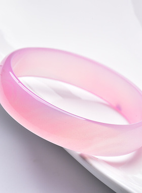 玛瑙冰花芙蓉玉手镯 女款粉紫色玉髓玛瑙水晶贵妃玉石镯子天然