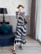 Three-quarter sleeve black and white long pleated printed diamond check