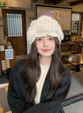 套头帽子真毛兔毛绒皮草帽韩版百搭防寒保暖毛线针织包头帽女冬季