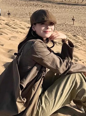 复古麂皮绒前进帽女秋冬显脸小八角贝雷帽百搭大头围拍照鸭舌帽子
