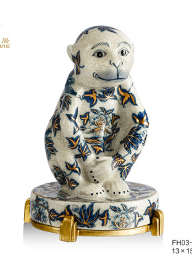 凤凰美居新品铜配瓷三不猴系列禅意猴客厅玄关展示柜桌面摆件