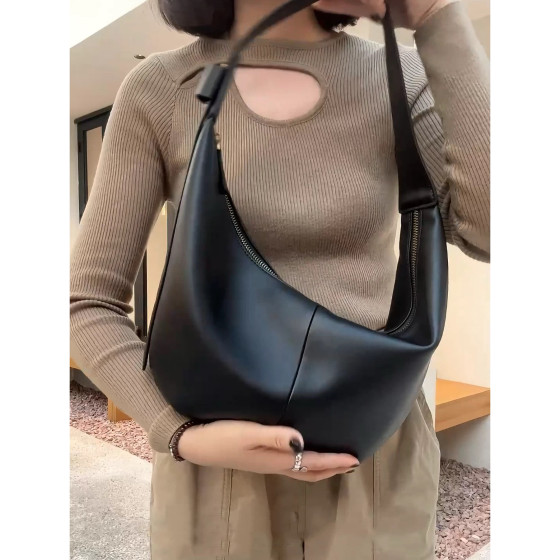 Black soft leather dumpling bag, high-end commuter crossbody bag