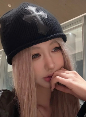梵文十字架皮标编织针织帽秋冬街头毛线包头冷帽设计感男女同款潮