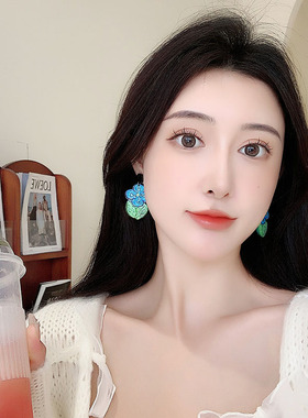 油画感蓝色耳环彩色花朵
