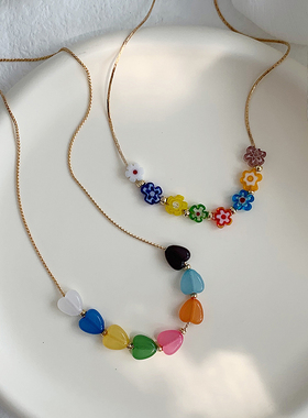 春夏氛围感彩色小花串珠项链