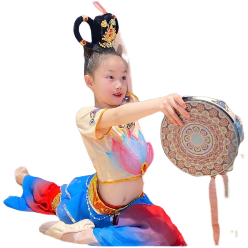 飞天乐鼓儿童敦煌舞蹈服中国舞民族风舞蹈妙音反弹琵琶新款演出服 - 图3