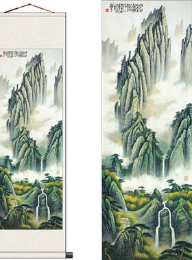 细长长水石舟T国画细长挂画风水丝绸礼品卷轴办公室字画黄山迎客