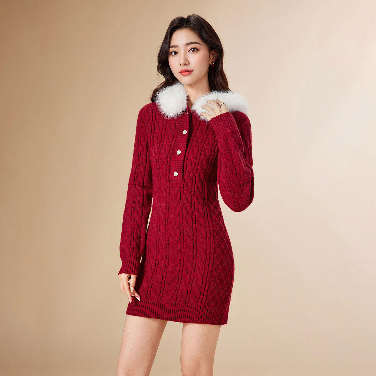 IEF/爱依服2025秋冬新款法式性感小女人气质麻花辫修身毛织连衣裙,淘宝优惠券,粉丝福利购,淘宝优惠卷