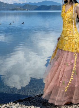 随性腰链女黄花朵编织坠饰长飘带设计搭配吊带裙收腰显瘦装饰腰封