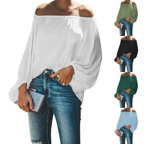 Solid color one shoulder lantern sleeve top 一字肩灯笼袖上衣 - 图0