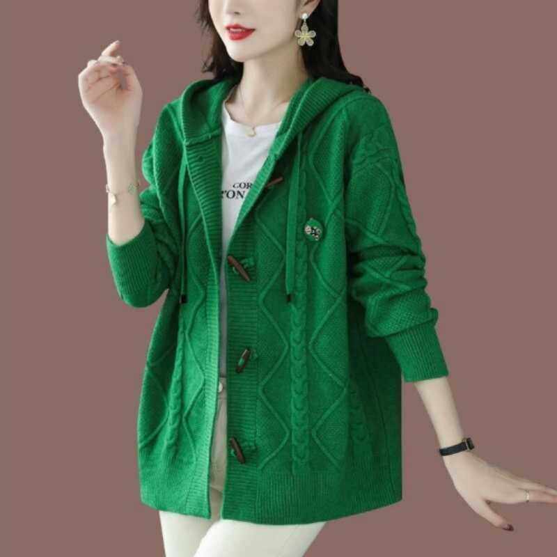 连帽毛衣外套女2025新款秋冬韩版牛角扣加厚粗线外搭宽松针织开衫,淘宝优惠券,粉丝福利购,淘宝优惠卷