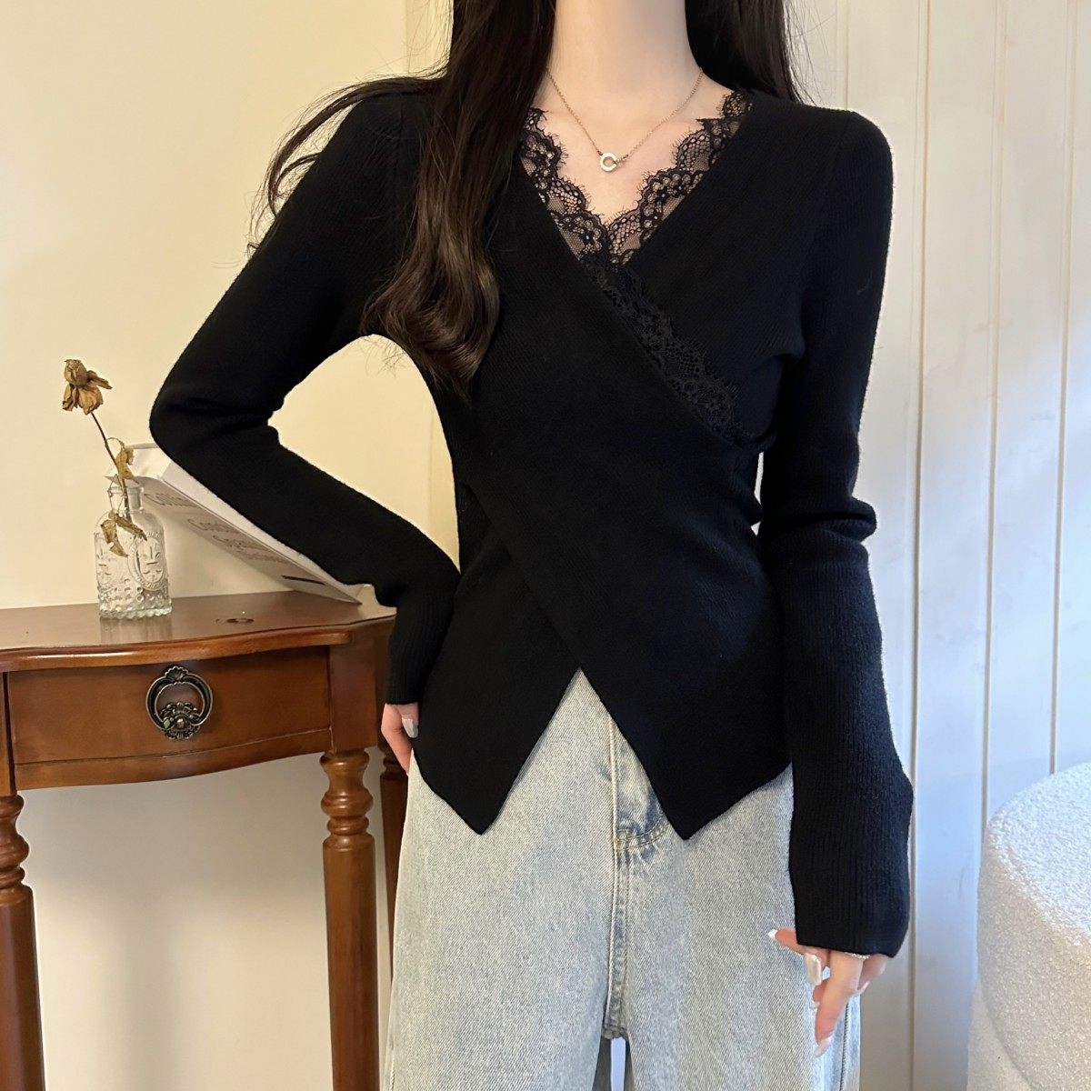 交叉式辣妈外出哺乳上衣蕾丝针织打底衫秋冬修身V领产后喂奶毛衣,淘宝优惠券,粉丝福利购,淘宝优惠卷